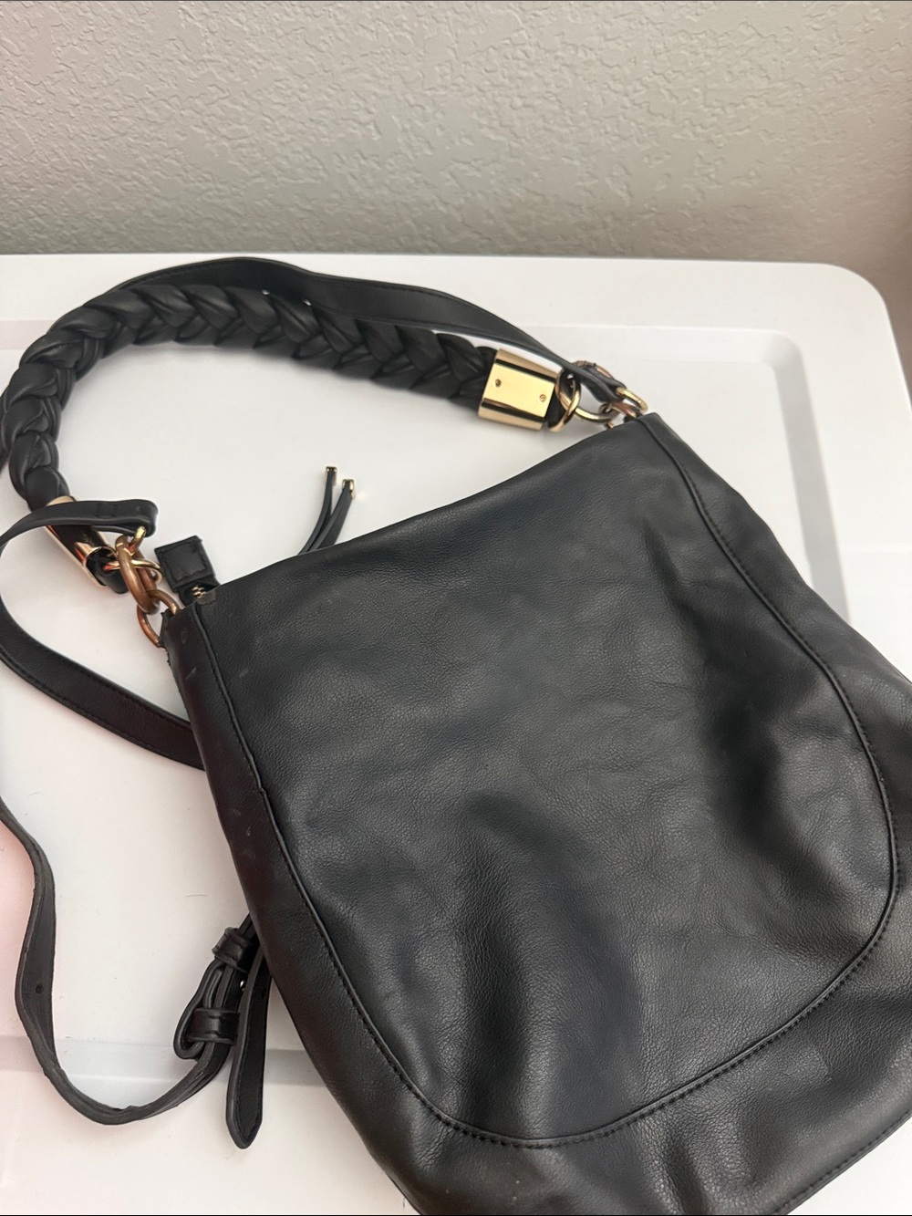Black Leather Shoulder Bag with interchangeable Braided Strap